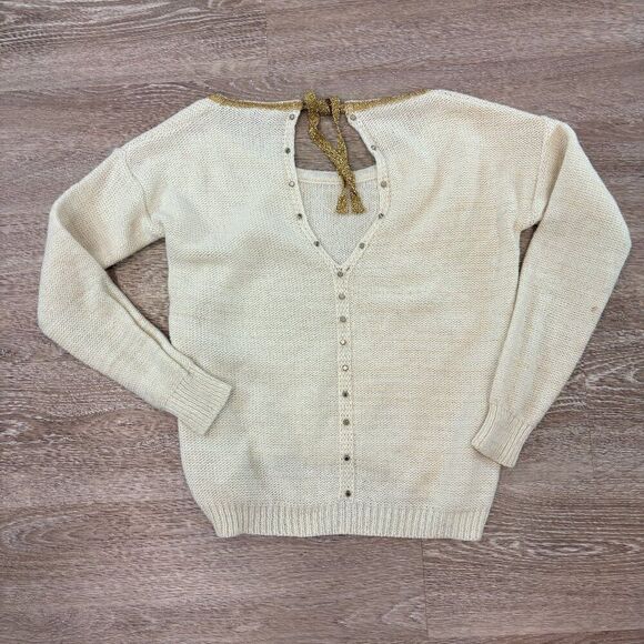 Nisan Cream Wool Knit Golden Metallic Tone Trim Sweater Back Button Sweater sz S - Picture 2 of 8